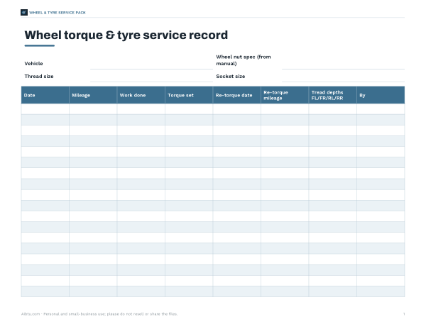 Preview of Printable Wheel Nut Torque Record